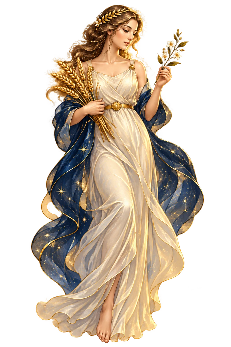 Ilustración celestial de Virgo como una doncella con trigo y flores